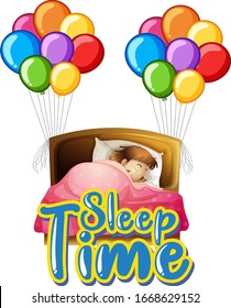 Font design for word sleep time with girl in bed illustration