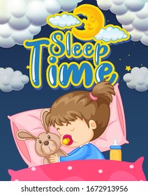 Font design for word sleep time with kid sleeping in bed illustration