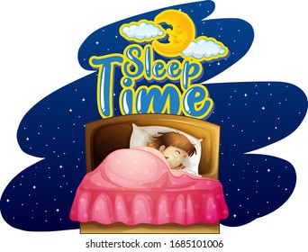 Font design for word sleep time with girl sleeping in bed illustration