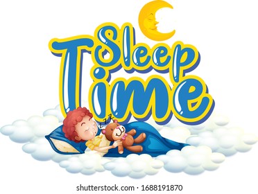Font design for word sleep time with boy sleeping at night illustration