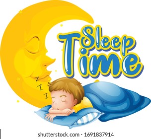 Font design for word sleep time with boy sleeping at night illustration