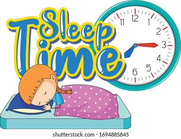 Diseño de fuentes para dormir palabras con una chica durmiendo en la ilustración de la cama