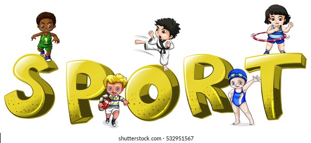 Font design for word sport with people doing sports illustration