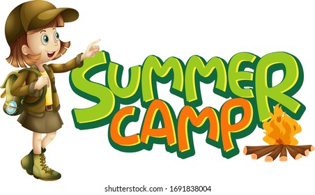 Font design for word summer camp with girl and campfire illustration