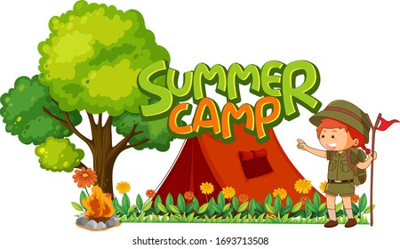Font design for word summer camp with girl camping out illustration