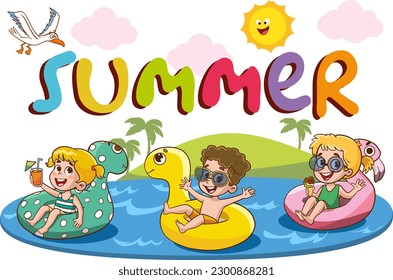 Font design for word summer with kids swimming in inflatable ring illustration