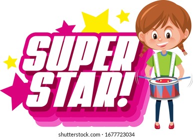 Font design for word superstar with girl playing drum illustration