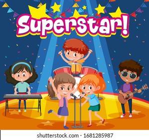 Font Design For Word Superstar With Kids On The Stage Illustration