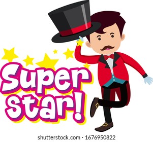Font design for word superstar with magician in red suit illustration