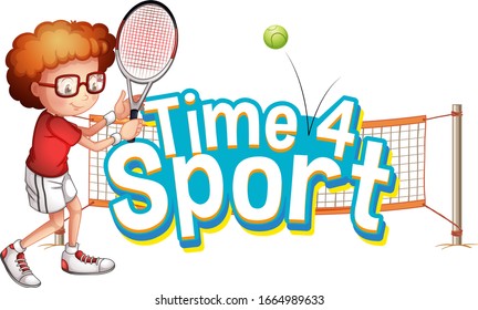 Font design for word time for sport with boy playing tennis illustration