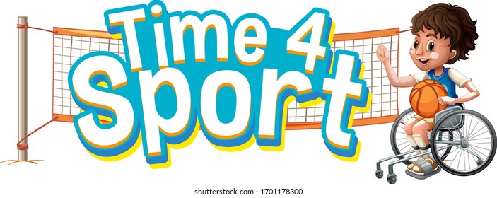 Font design for word time for sport with boy in wheelchair playing basketball illustration