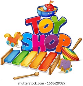 Design de fonte para loja de brinquedos de palavra com muitos brinquedos sobre ilustração de fundo branco