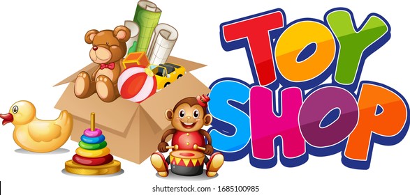 Font design for word toy shop with many toys in the shop illustration