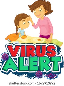 Font design for word virus alert with sick girl in bed illustration