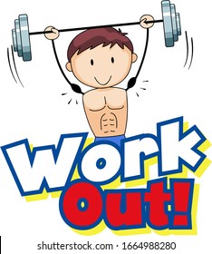 Design de fonte para Word Work out com menino levantamento de peso ilustração