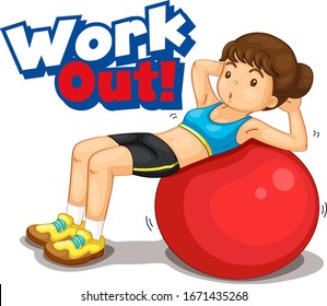 Font design for word work out with girl doing yoga illustration