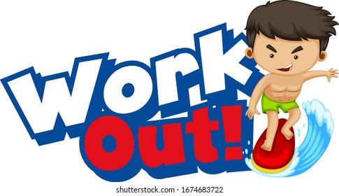 Font design for word work out with kid doing exercise illustration