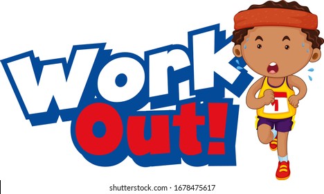 Font design for word work out with kid doing exercise illustration