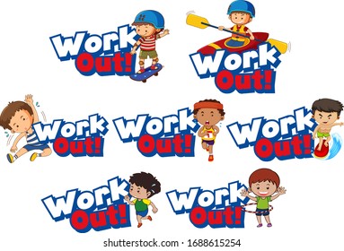 Font design for word work out with kid doing exercise illustration