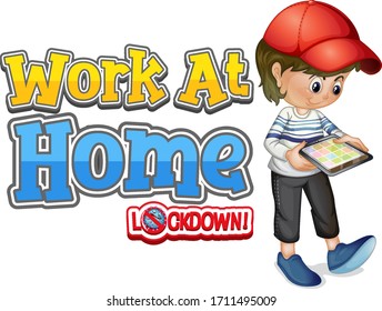 Font design for work from home with boy looking at tablet illustration