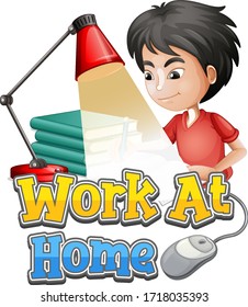 Font design for work from home with boy working on homework illustration