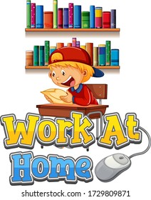 Font design for work from home with boy doing homework illustration