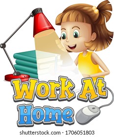 Font design for work from home with girl doing homework illustration