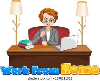 Font design for work from home with man working on computer illustration