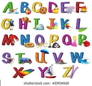 Font design A to Z with pictures illustration