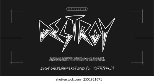 Font the Destroy is Rock Music Party grunge type font alphabet with signs and symbols vector. Street Art grunge type font. Punk and Rock n Roll style elements collection for tee print and text