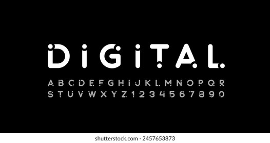 Font digital alphabet with white dots, letters and numbers, vector illustration 10EPS