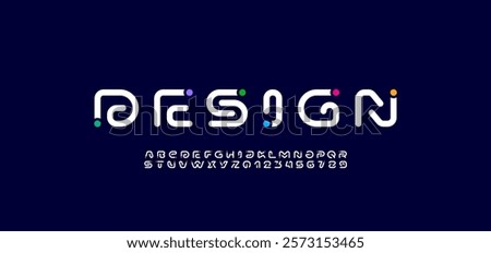 Font digital cyber alphabet with colored point, trendy letters A, B, C, D, E, F, G, H, I, J, K, L, M, N, O, P, Q, R, S, T, U, V, W, X, Y, Z and numerals 0, 1, 2, 3, 4, 5, 6, 7, 8, 9.