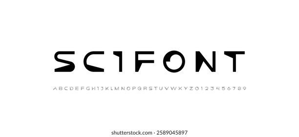 Font digital cyber alphabet, cyberpunk letters A, B, C, D, E, F, G, H, I, J, K, L, M, N, O, P, Q, R, S, T, U, V, W, X, Y, Z and futuristic numerals 0, 1, 2, 3, 4, 5, 6, 7, 8, 9, vector illustration