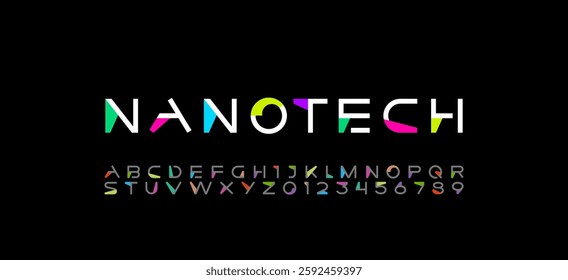 Font digital cyber alphabet, cyberpunk letters A, B, C, D, E, F, G, H, I, J, K, L, M, N, O, P, Q, R, S, T, U, V, W, X, Y, Z and futuristic numerals 0, 1, 2, 3, 4, 5, 6, 7, 8, 9, vector illustration