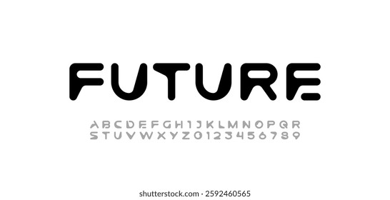 Font digital cyber alphabet, cyberpunk rounded letters A, B, C, D, E, F, G, H, I, J, K, L, M, N, O, P, Q, R, S, T, U, V, W, X, Y, Z and futuristic numerals 0, 1, 2, 3, 4, 5, 6, 7, 8, 9