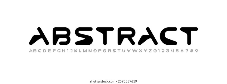 Font digital cyber alphabet, cyberpunk rounded letters A, B, C, D, E, F, G, H, I, J, K, L, M, N, O, P, Q, R, S, T, U, V, W, X, Y, Z and futuristic numerals 0, 1, 2, 3, 4, 5, 6, 7, 8, 9