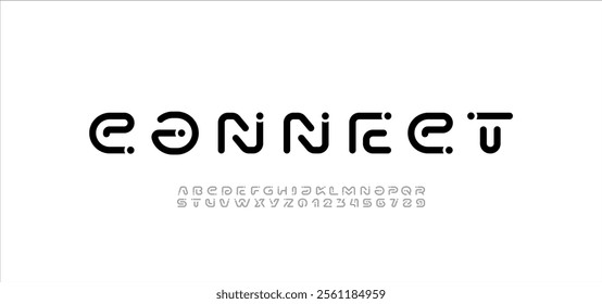 Font digital cyber alphabet with point, trendy letters A, B, C, D, E, F, G, H, I, J, K, L, M, N, O, P, Q, R, S, T, U, V, W, X, Y, Z and numerals 0, 1, 2, 3, 4, 5, 6, 7, 8, 9.