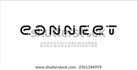 Font digital cyber alphabet with point, trendy letters A, B, C, D, E, F, G, H, I, J, K, L, M, N, O, P, Q, R, S, T, U, V, W, X, Y, Z and numerals 0, 1, 2, 3, 4, 5, 6, 7, 8, 9.