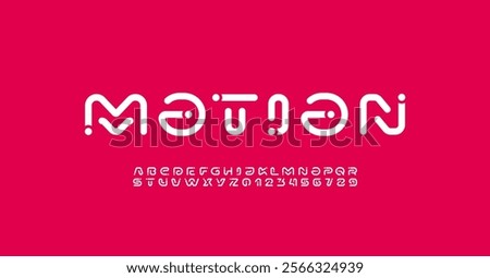 Font digital cyber alphabet with point, trendy white letters A, B, C, D, E, F, G, H, I, J, K, L, M, N, O, P, Q, R, S, T, U, V, W, X, Y, Z and numerals 0, 1, 2, 3, 4, 5, 6, 7, 8, 9.