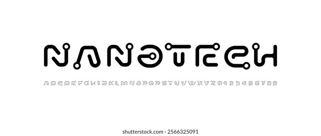 Font digital cyber alphabet with ring, trendy black letters A, B, C, D, E, F, G, H, I, J, K, L, M, N, O, P, Q, R, S, T, U, V, W, X, Y, Z and numerals 0, 1, 2, 3, 4, 5, 6, 7, 8, 9.