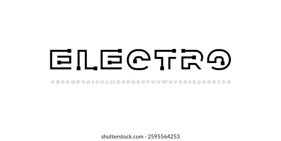 Font digital cyber alphabet, trendy black letters A, B, C, D, E, F, G, H, I, J, K, L, M, N, O, P, Q, R, S, T, U, V, W, X, Y, Z and numerals 0, 1, 2, 3, 4, 5, 6, 7, 8, 9.