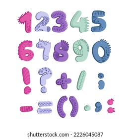 Font for Dino prints of children's textiles, wallpaper, paper for Dino scrapbooking, packaging, invitation card, holidays in the style of monsters, dragons. Vector illustration