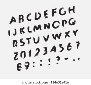 Font dirt, scratched handdraw letters, scratches on the letters, black brush, vector alphabet