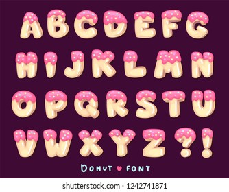 Font "Donut". Cartoon vector illustration type set. Sweet letters alphabet pink 	icing-sugar