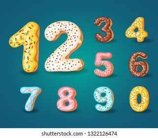 Font of donuts. Bakery sweet alphabet. Alphabet numbers Donut icing colors style 0,1,23456789 0 Vector illustration