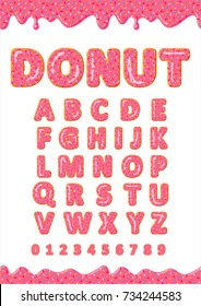 Font of donuts. Bakery sweet alphabet. Letters and numbers with pink glaze donut. Vector poster