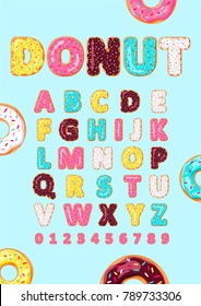 Font of donuts. Bakery sweet alphabet. Letters and numbers with pink, yellow, blue glaze. Vector poster