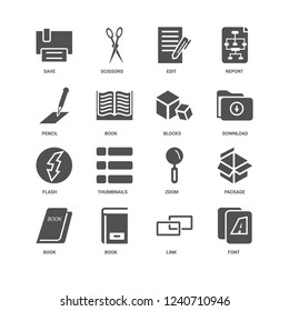 Font, Download, Blocks, Book, Package, Save, Pencil, Flash, Link, Edit icon 16 set EPS 10 vector format. Icons optimized for both large and small resolutions.