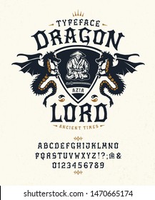 Font Dragon Lord. Craft retro vintage typeface design. Fashion graphic display alphabet. Pop modern vector letters. Latin characters numbers. Vector illustration old badge label logo tee template. 
