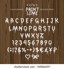Font, drawn with a brush, white paint, with lime, on a dark wooden background, smudges, illustration, vector